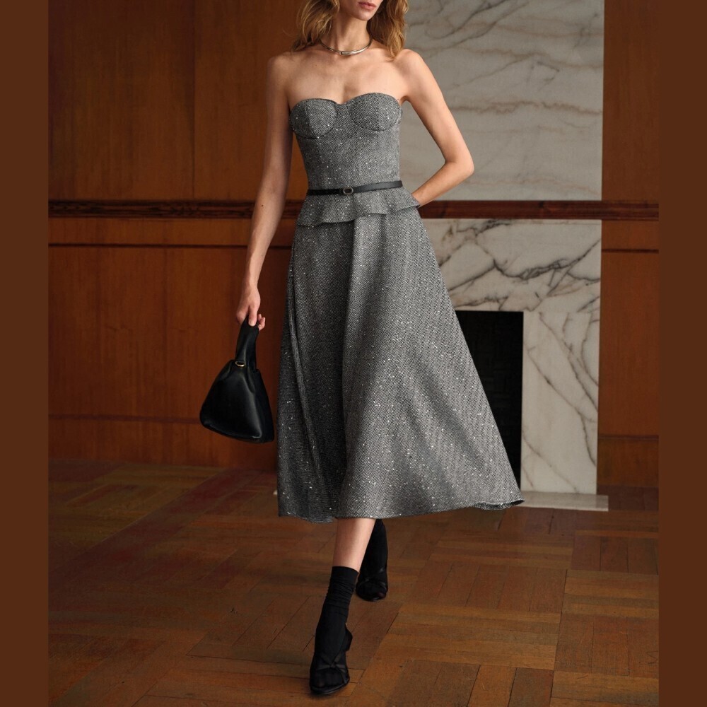 Gray Herringbone Tweed Strapless Sweetheart Belted Midi Dress